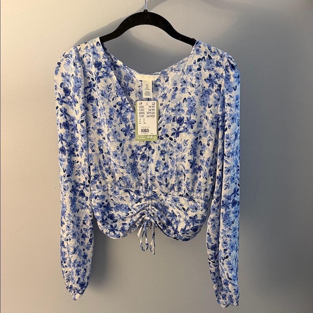 H&M Blue and White Floral Drawstring Blouse - Picture 4 of 5